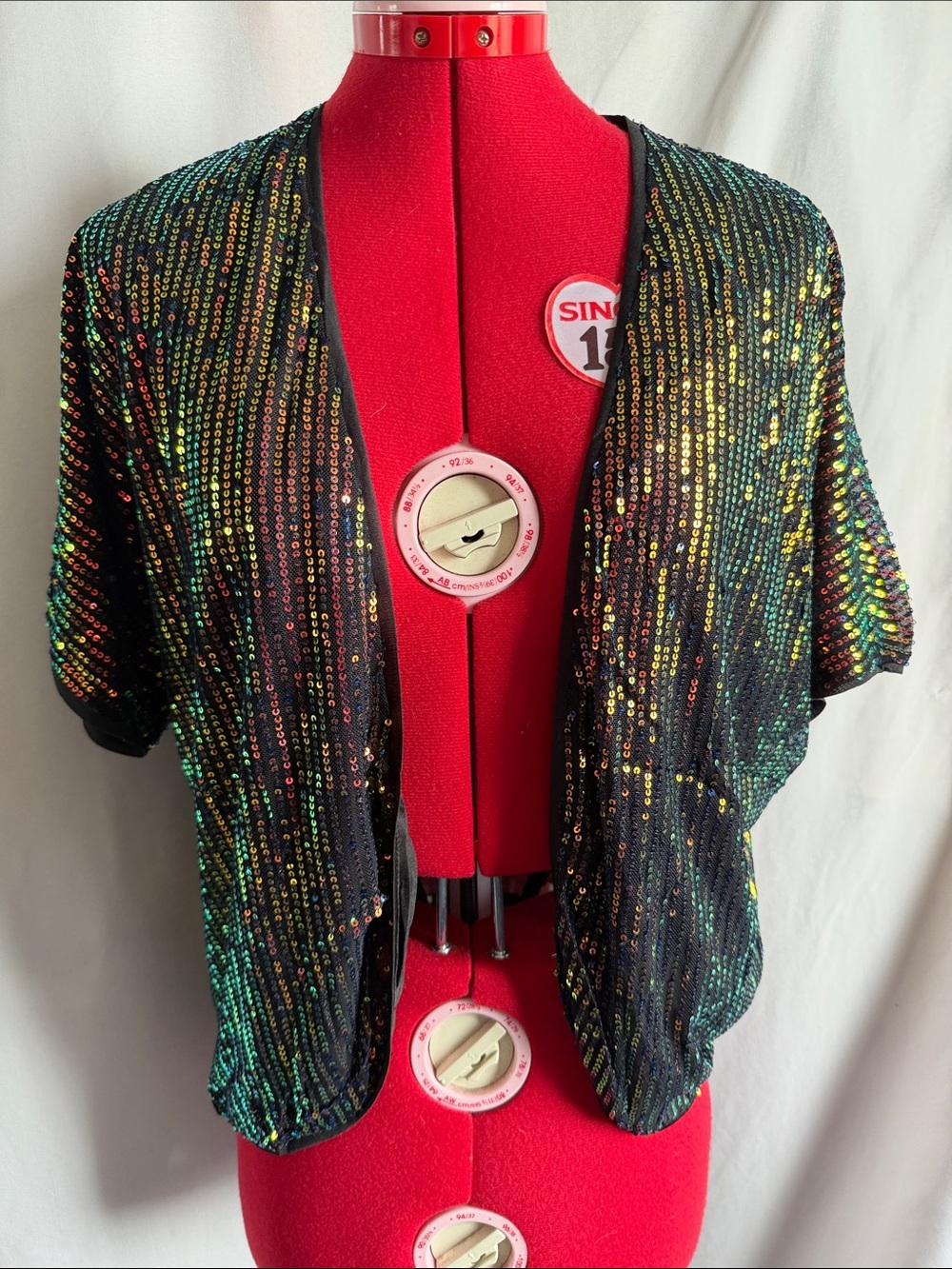 Sequin Short Sleeve Open-Front Cardigan - Black with Iridescent Sequins